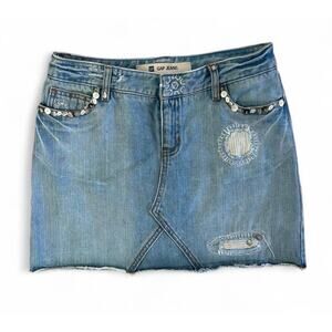 Vintage Gap 100% Cotton Women’s Blue Denim Mini Skirt 6 Boho Patchwork Beaded